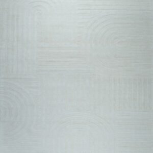 Monochromatic off-white rug with a textured, abstract pattern of embossed arches and linear stripes.