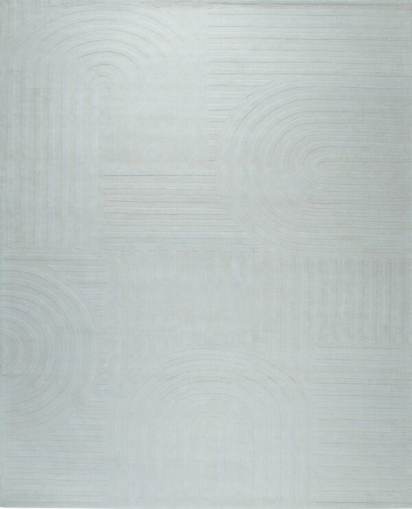 Monochromatic off-white rug with a textured, abstract pattern of embossed arches and linear stripes.