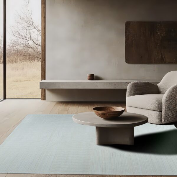 Pale blue patterned rug anchors a minimal living room with light wood floors and neutral seating.