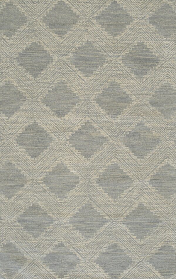 Muted blue-gray rug featuring a repeating geometric diamond pattern with textured cream colored outlines.