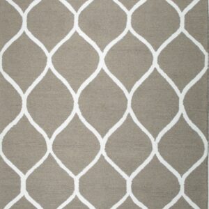 Low-pile rug with a taupe background and a large white repeating trellis pattern.