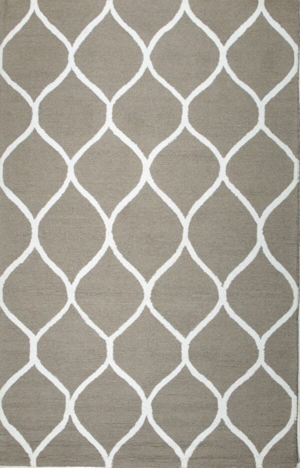 Low-pile rug with a taupe background and a large white repeating trellis pattern.