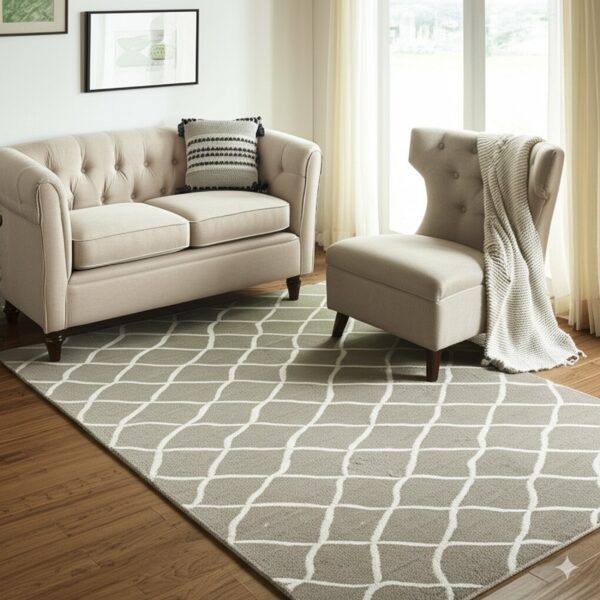 A gray rug with a thick white diamond trellis pattern lies on a wood floor beneath a beige sofa and chair.