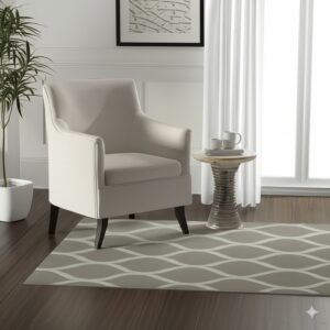 A gray and white wavy patterned runner rug under a cream armchair on dark wood floors.