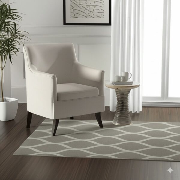 A gray and white wavy patterned runner rug under a cream armchair on dark wood floors.