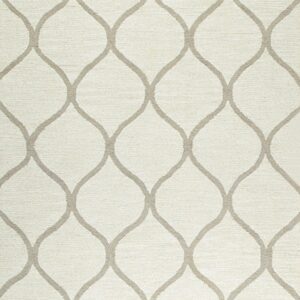 A cream textured rug featuring a repeating taupe geometric trellis pattern across the entire surface.