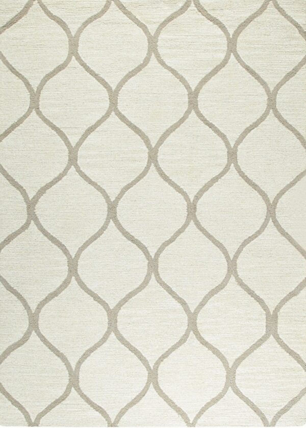 A cream textured rug featuring a repeating taupe geometric trellis pattern across the entire surface.