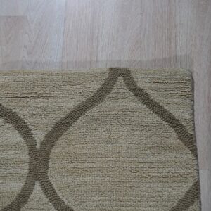 High-pile beige rug featuring a dark brown trellis pattern on light wood plank flooring.