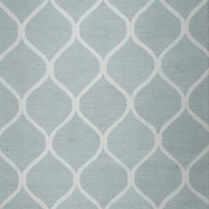 Pale blue low-pile rug featuring a white continuous arched trellis pattern.