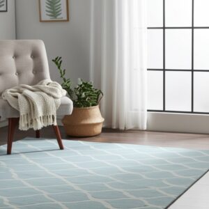 Light blue patterned rug in a bright room with a tufted chair and large grid window.