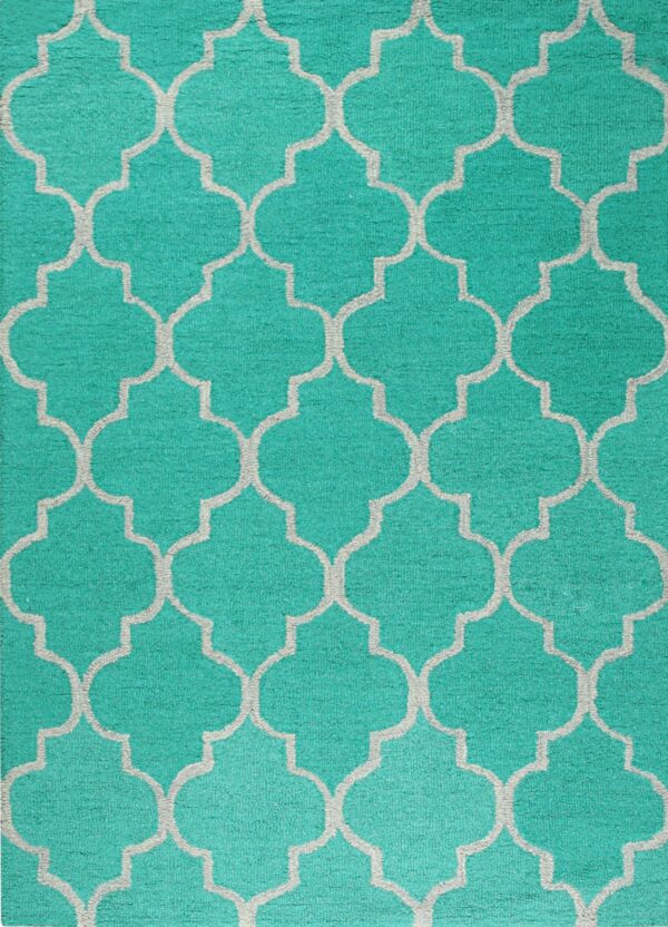 High-pile teal rug with a textured gray repeating quatrefoil geometric pattern.
