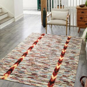 Textured rug with multicolor abstract stripes and diagonal chevron bands lies on glossy gray wood flooring.