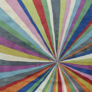 Multi-color, plush rug displaying a vibrant, radiating starburst design of numerous stripes.