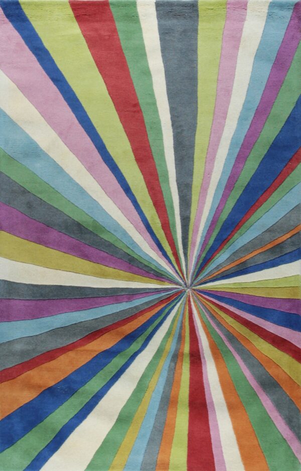 Multi-color, plush rug displaying a vibrant, radiating starburst design of numerous stripes.