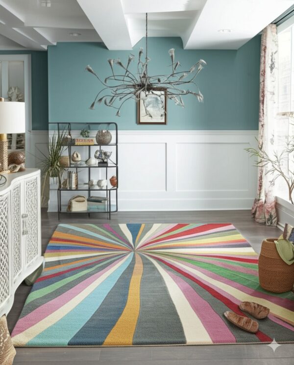 A tightly woven rug with a multicolored radial striped pattern sits on grey flooring in a room with blue walls.