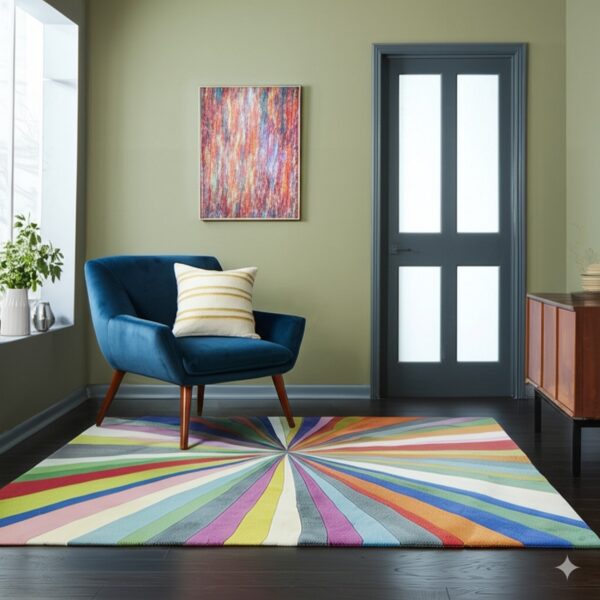 Bright multi-color radial pattern rug on dark wood floor beneath a blue chair in a green room.