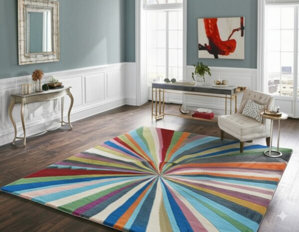 A rainbow-striped rug with a radiant sunburst pattern covers dark wood flooring in a bright room.