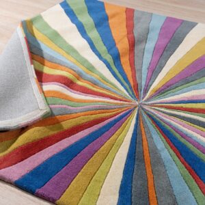 Multicolor radial striped rug with carved texture and gray backing visible on light wood plank flooring.