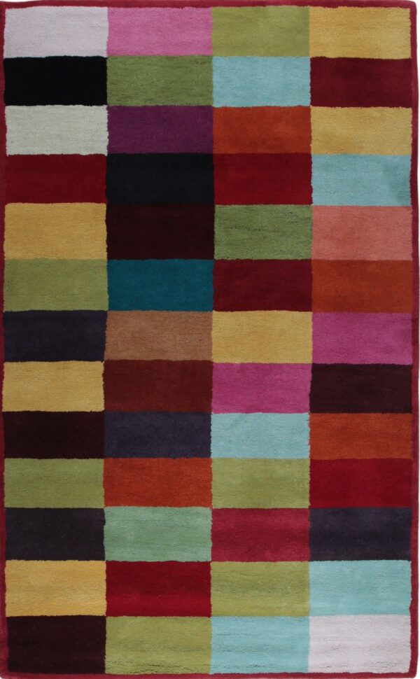 Multicolored rug with a plush pile and a checkerboard pattern of rectangular blocks bordered in dark red.