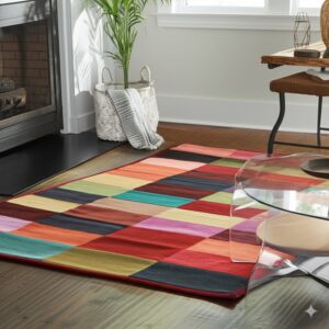 Vibrant rectangular patchwork rug lies on wood flooring near a fireplace and a glass coffee table.