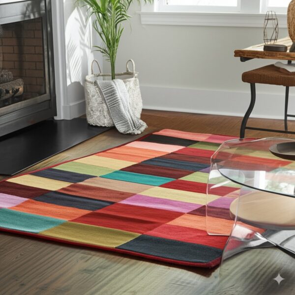 Vibrant rectangular patchwork rug lies on wood flooring near a fireplace and a glass coffee table.