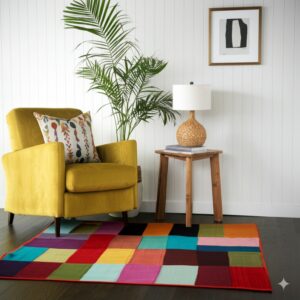 A vibrant, multicolored geometric flatweave rug rests near a yellow armchair on dark wood floors.