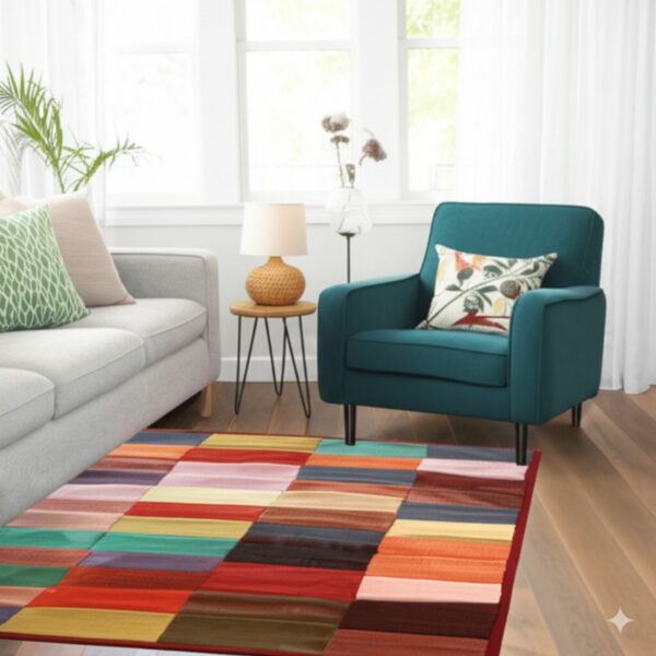 A low-pile rug with colorful striped block patterns lies on hardwood floors next to a gray sofa and teal armchair.