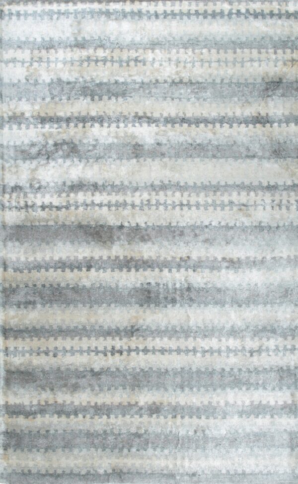 Gray and cream-colored rug with alternating solid and patterned horizontal distressed stripes.