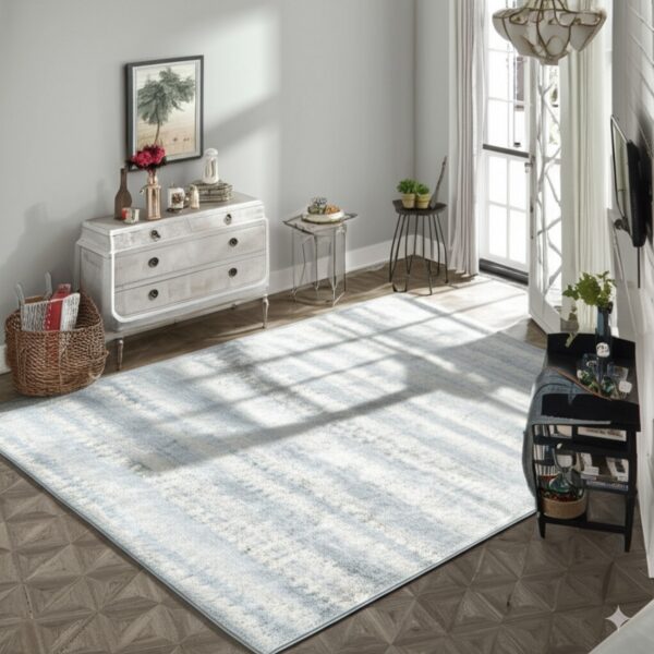 Blue and white abstract area rug covers patterned wood flooring in a brightly lit room with gray walls.