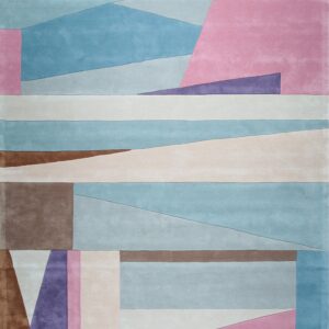 Abstract geometric rug featuring blocks of dusty blue, pink, lavender, brown, and cream colors.