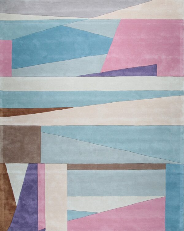 Abstract geometric rug featuring blocks of dusty blue, pink, lavender, brown, and cream colors.