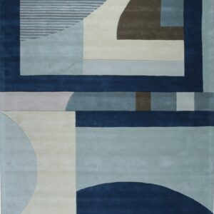 Deep blue, light blue, cream, and brown modern rug with interlocking geometric and curved shapes.