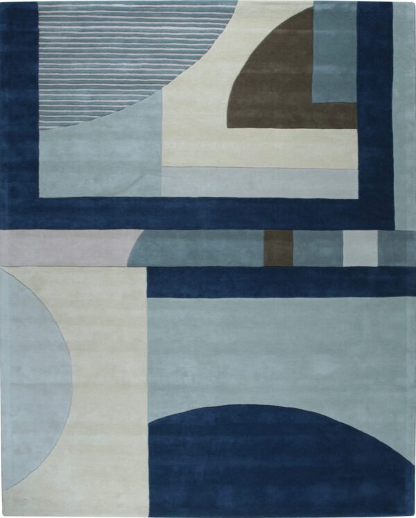 Deep blue, light blue, cream, and brown modern rug with interlocking geometric and curved shapes.