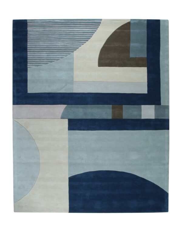 Geometric abstract rug design featuring navy, light blue, cream, and brown blocks and striped semicircles.