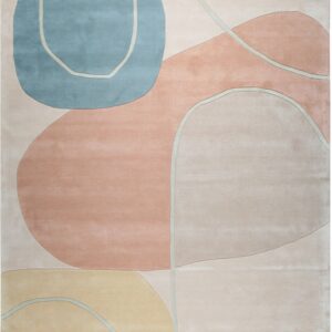 Abstract rug displaying soft pastel shapes in blue, peach, cream, and gold with light green outlines.