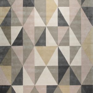 Square rug with a geometric triangular pattern in gray, taupe, blush, tan, and cream colors.