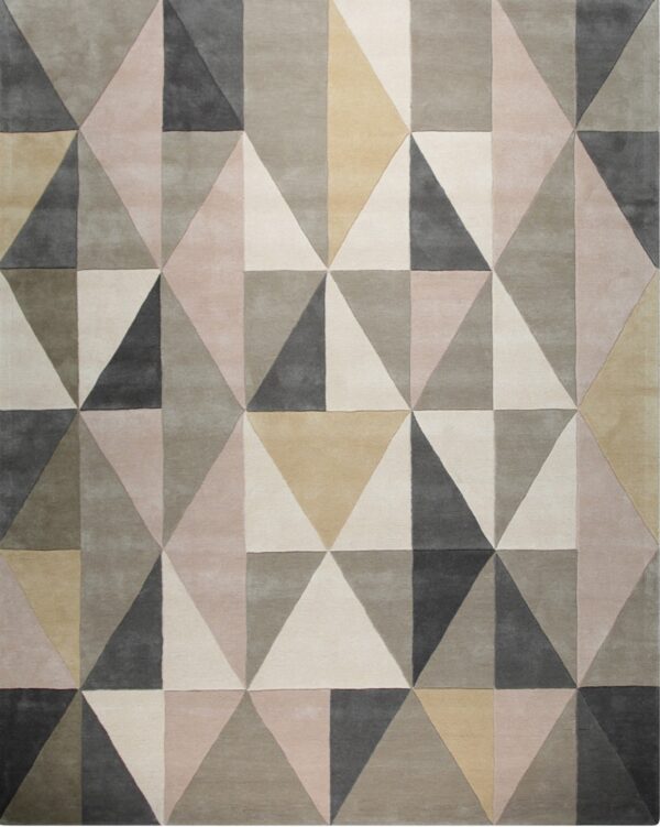 Square rug with a geometric triangular pattern in gray, taupe, blush, tan, and cream colors.