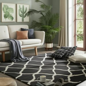 Dark gray rug with thick white curved lines anchors a seating area with a cream sofa and pale green walls.