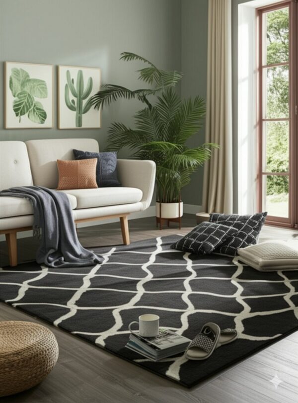 Dark gray rug with thick white curved lines anchors a seating area with a cream sofa and pale green walls.