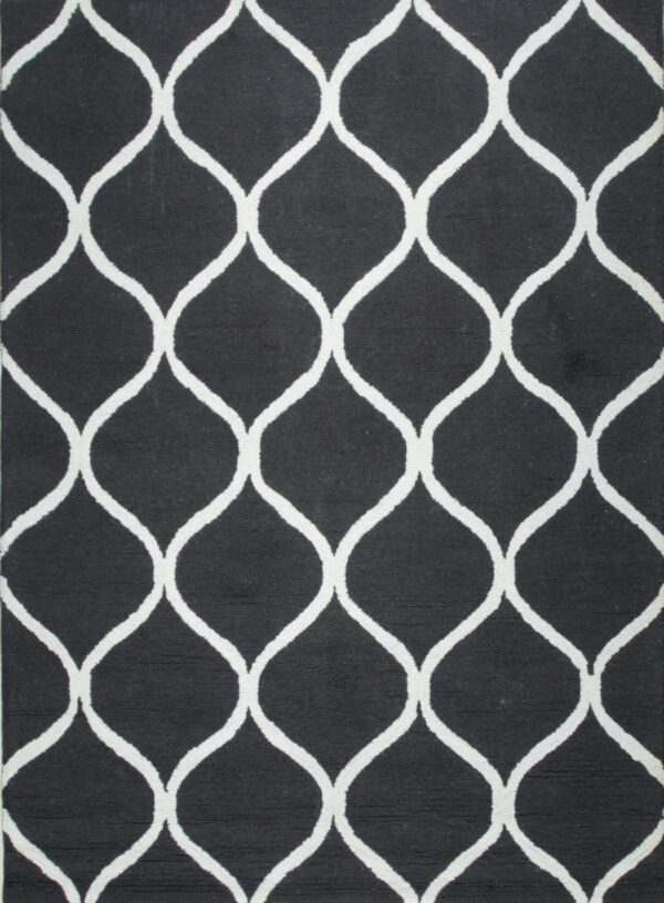 Navy rug with white geometric pattern