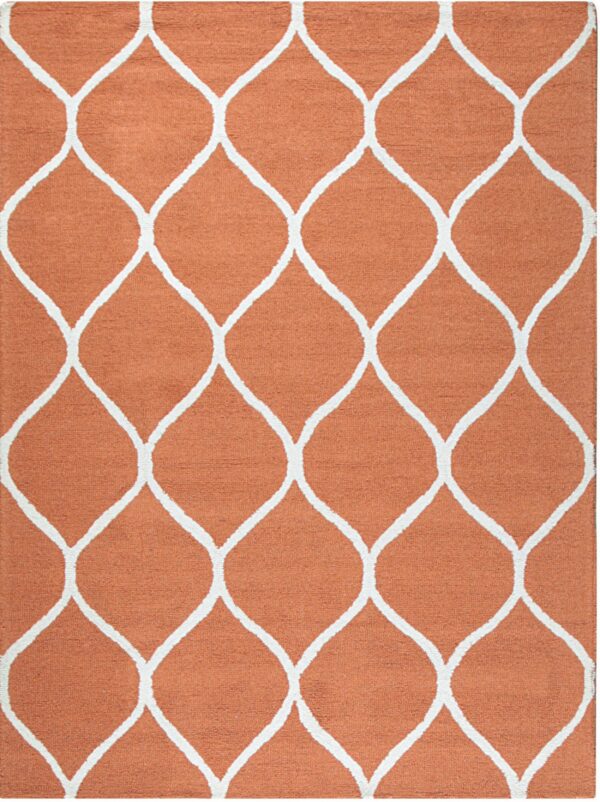 Full view of a textured orange rug with a repetitive white geometric ogee trellis design.