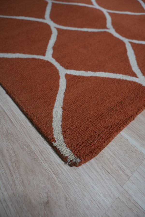 Rust-colored textured rug with a thick off-white trellis pattern rests on pale wooden floorboards.