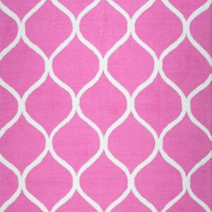 Bright pink rug displaying a repeating white curvilinear ogee or trellis geometric pattern.