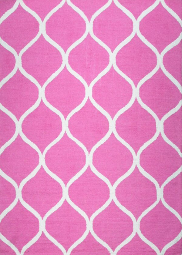 Bright pink rug displaying a repeating white curvilinear ogee or trellis geometric pattern.