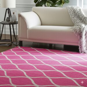 Pink rug with a white curved lattice pattern sits on wood flooring beneath a cream couch and side table.