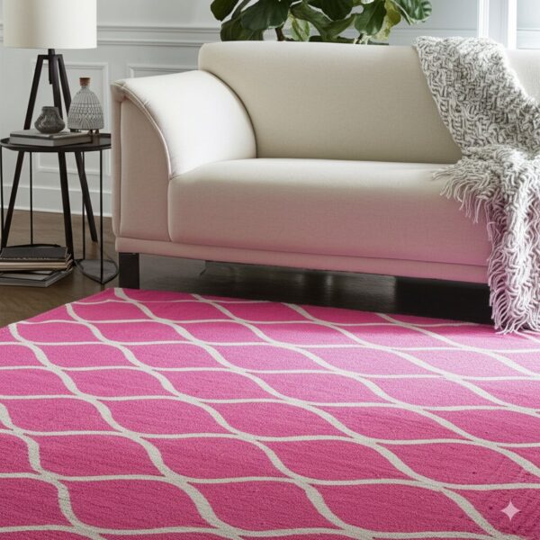 Pink rug with a white curved lattice pattern sits on wood flooring beneath a cream couch and side table.