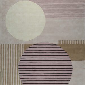 Modern geometric rug with large circles and stripes in pale pink, cream, and taupe.