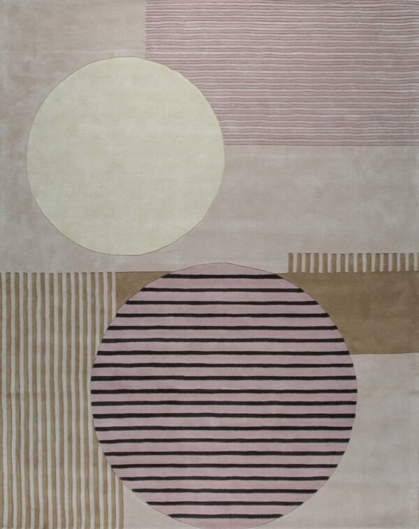 Modern geometric rug with large circles and stripes in pale pink, cream, and taupe.