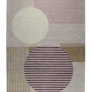 Muted beige, pink, and taupe rug featuring large geometric shapes, including striped and solid circles.