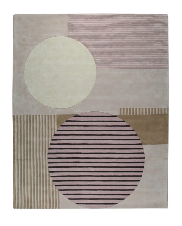 Muted beige, pink, and taupe rug featuring large geometric shapes, including striped and solid circles.